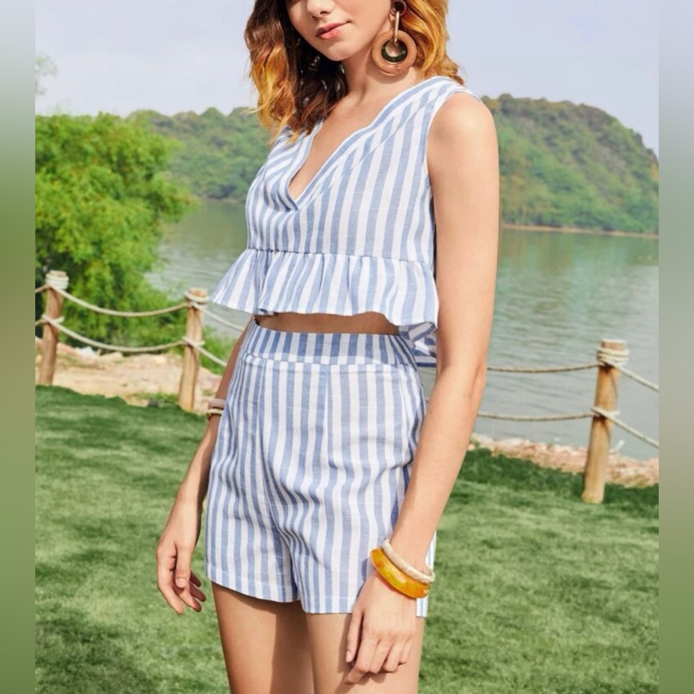Blue Striped Ruffle Crop Tank & Shorts Set